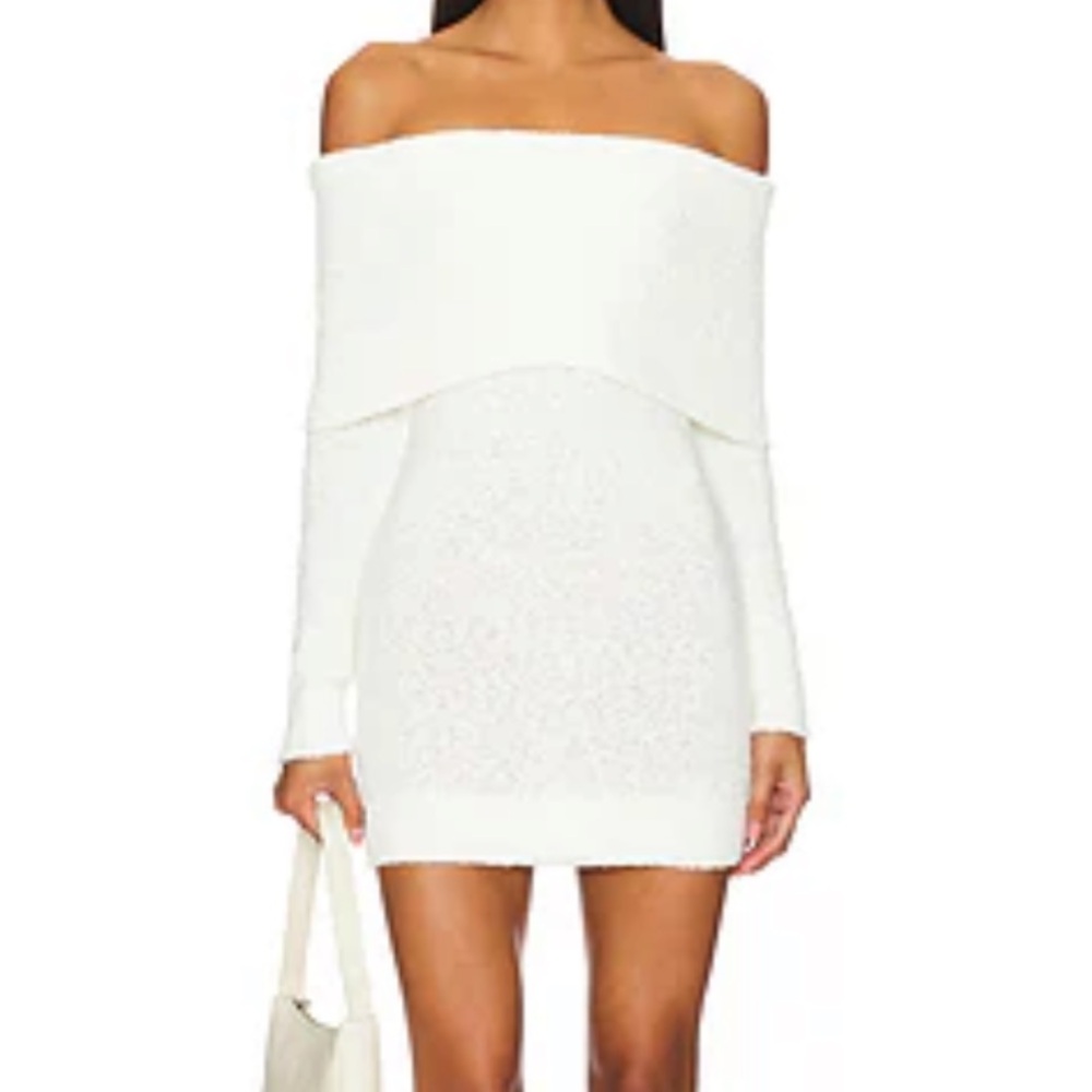 Off shoulder Elegant Cream Women's Sweater mini dress